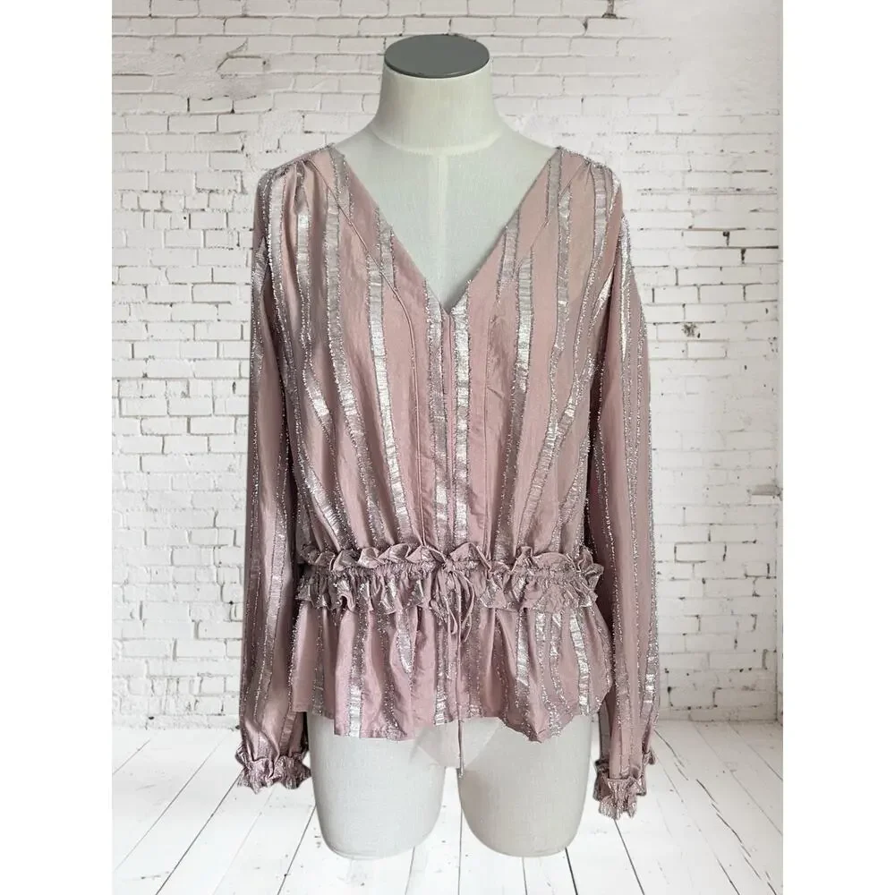 Current Air Womens Dressy Boho Metallic Striped Peplum Ruffle Blouse Size Large - Picture 2 of 8